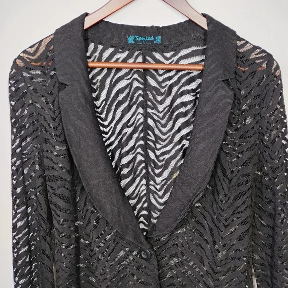 Spoiled Y2K Sheer Cardigan‎ Womens Large Black Zebra Print Goth Lace Concert - Picture 4 of 11